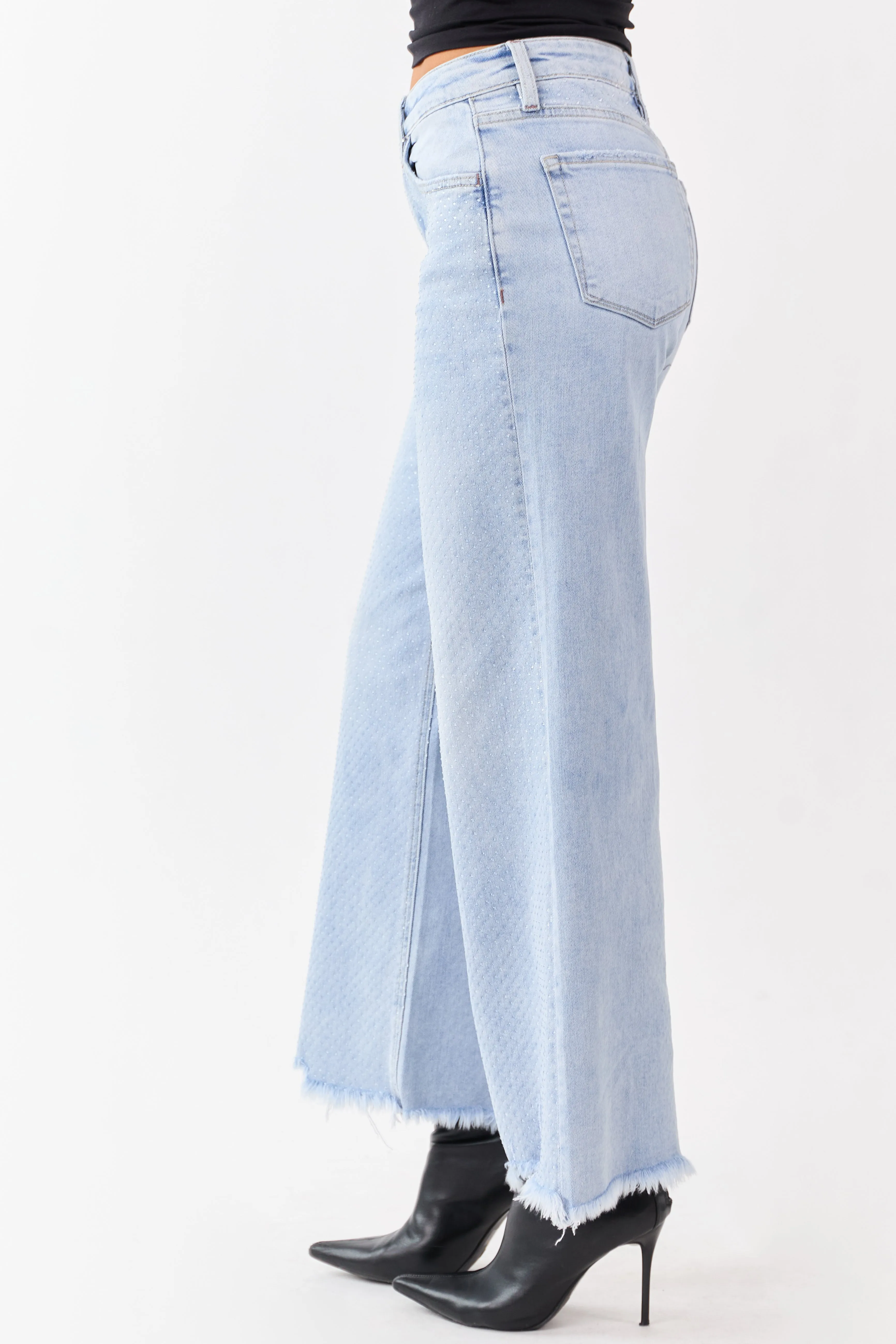 Vervet Light Wash Rhinestone Wide Leg Stretch Jeans sold by Lime Lush product image thumbnail 4