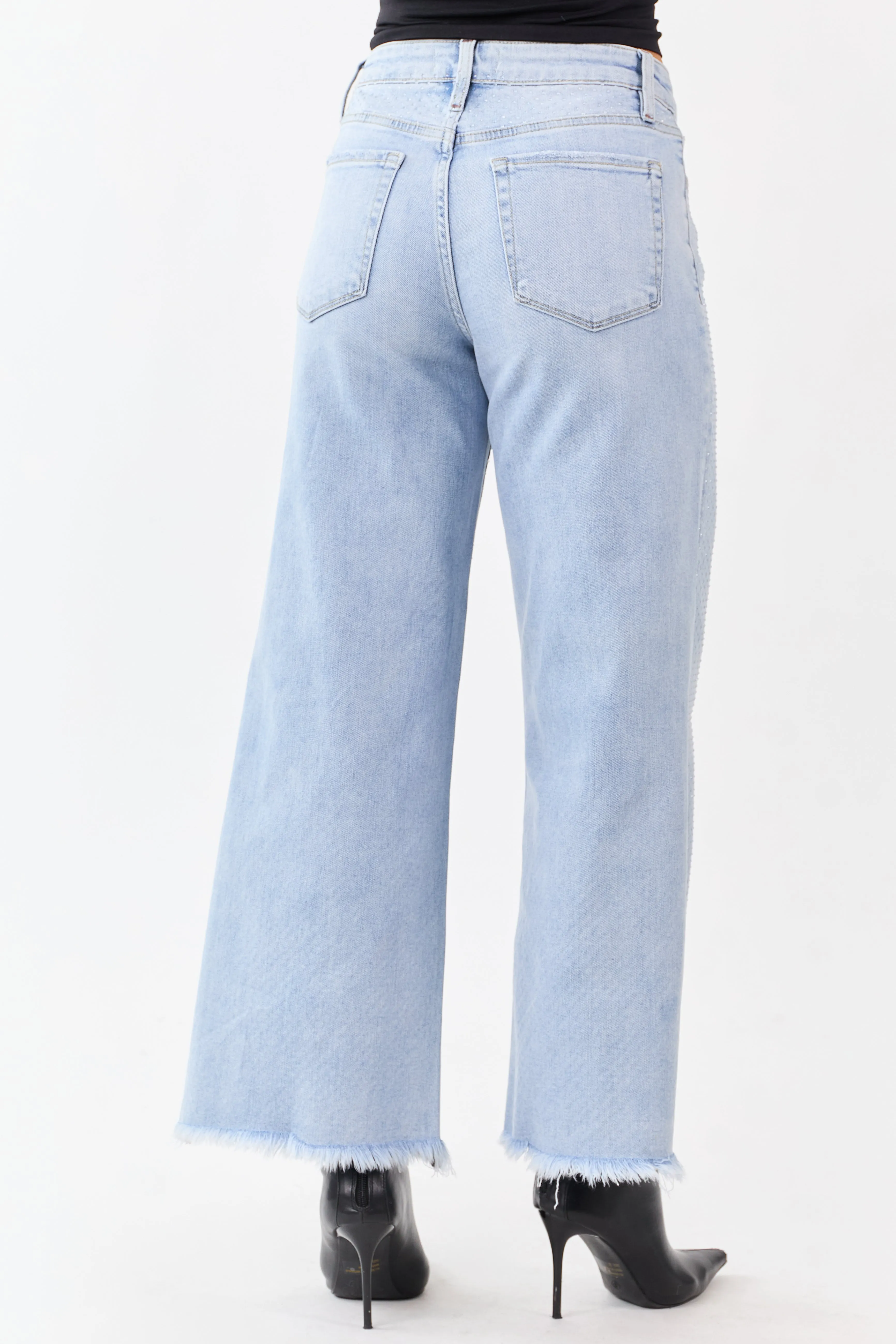 Vervet Light Wash Rhinestone Wide Leg Stretch Jeans sold by Lime Lush product image thumbnail 5