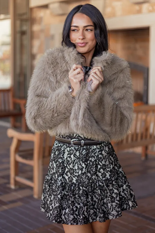 Dove Grey Faux Fur Tinsel Blend Cropped Jacket sold by Lime Lush