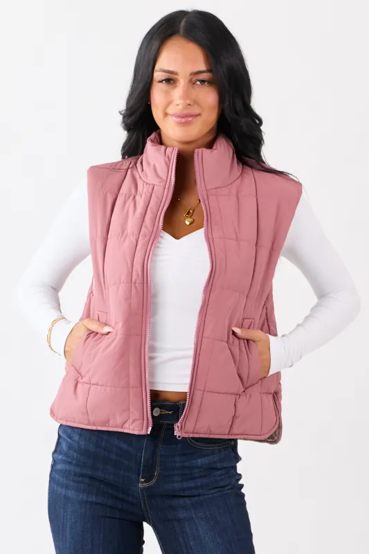 Dusty Rose Mock Neck Zip Up Puffer Vest sold by Lime Lush