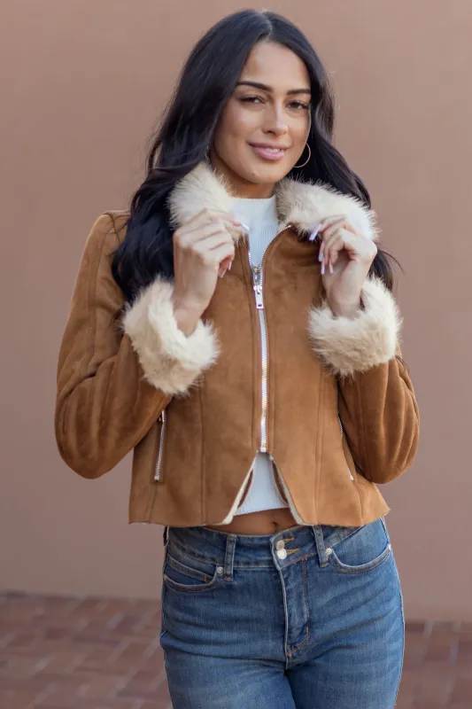 Cognac Faux Suede Fur Collar Zip Up Jacket sold by Lime Lush
