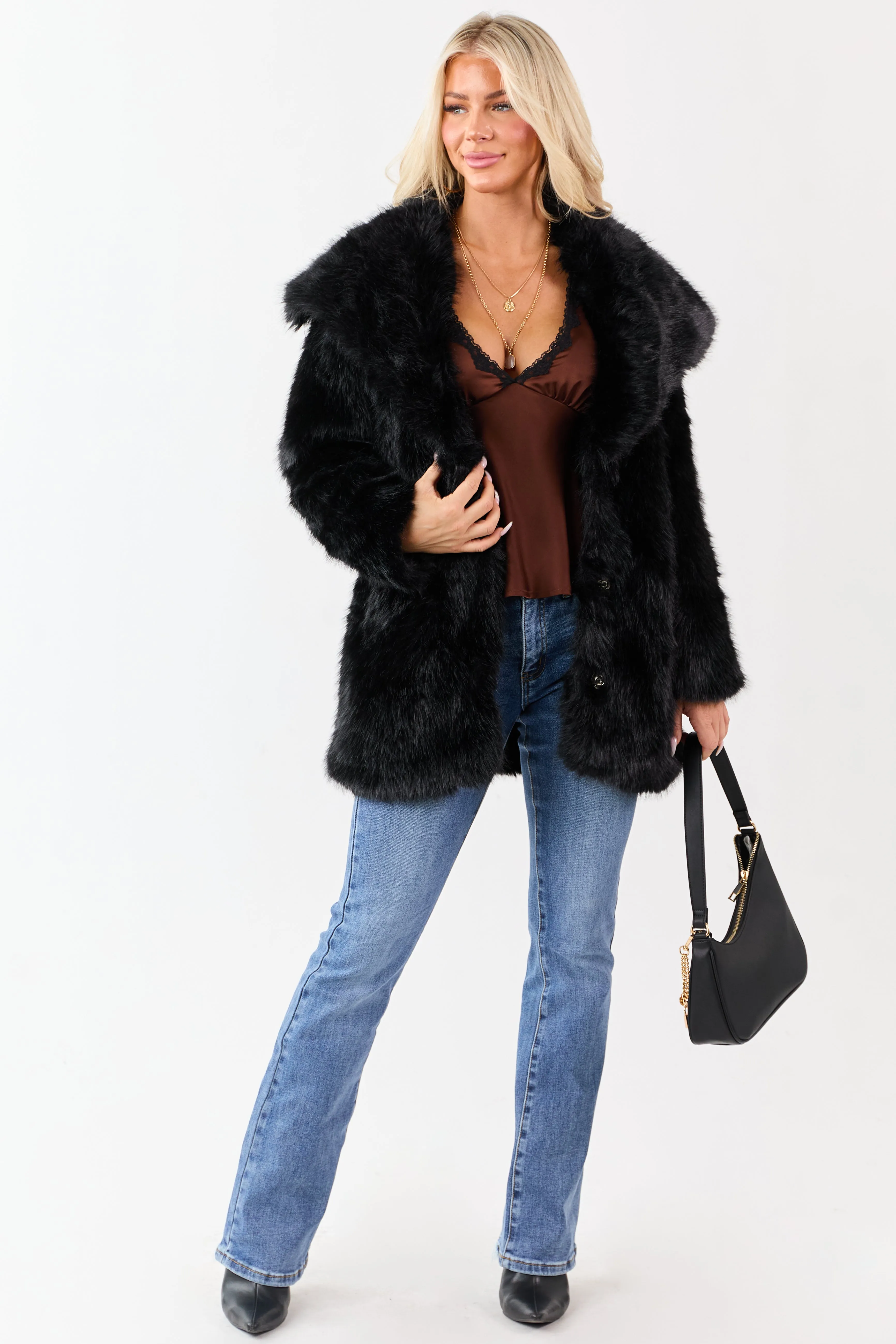 Black Luxe Cloud Faux Fur Collared Coat sold by Lime Lush product image thumbnail 4