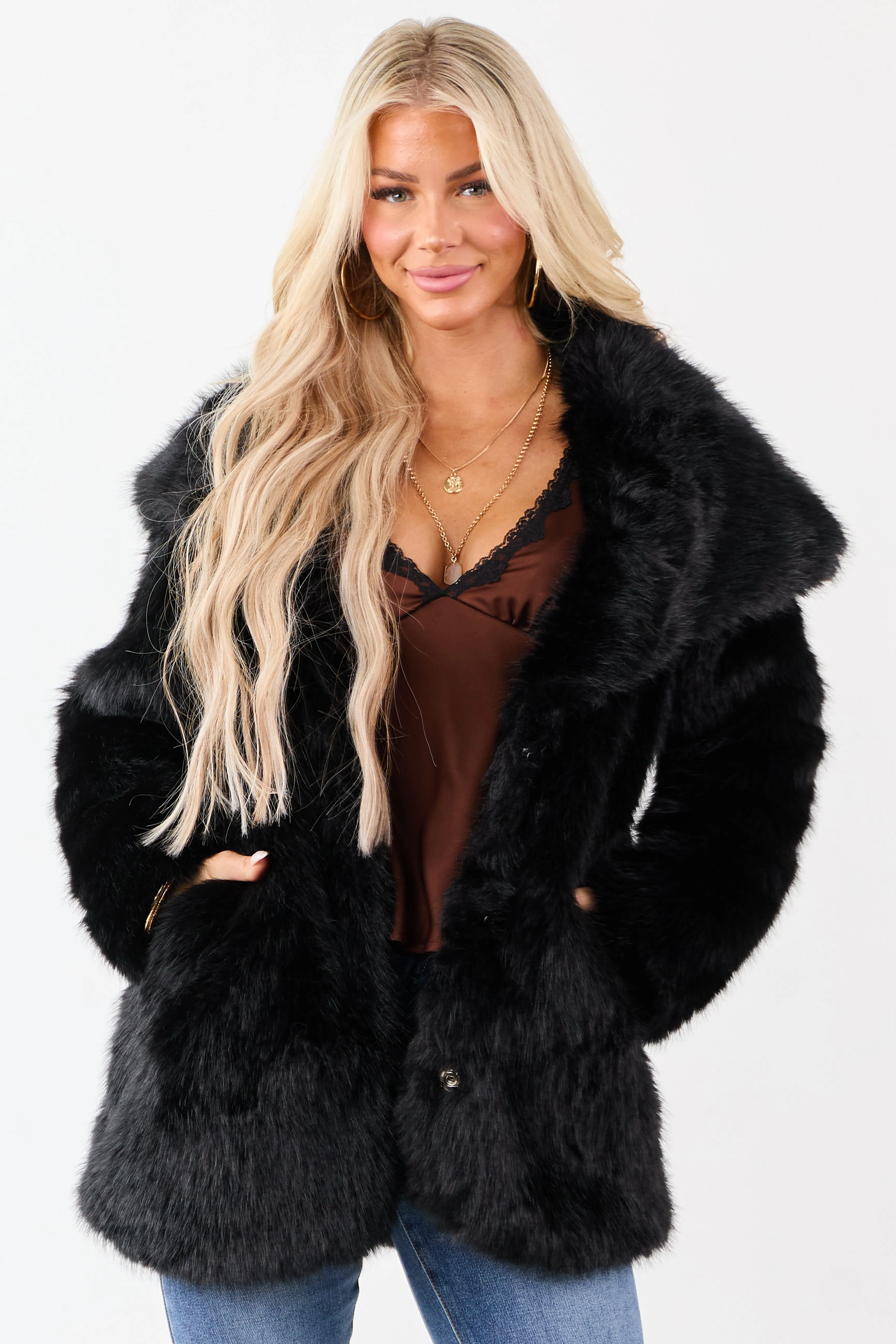 Black Luxe Cloud Faux Fur Collared Coat sold by Lime Lush