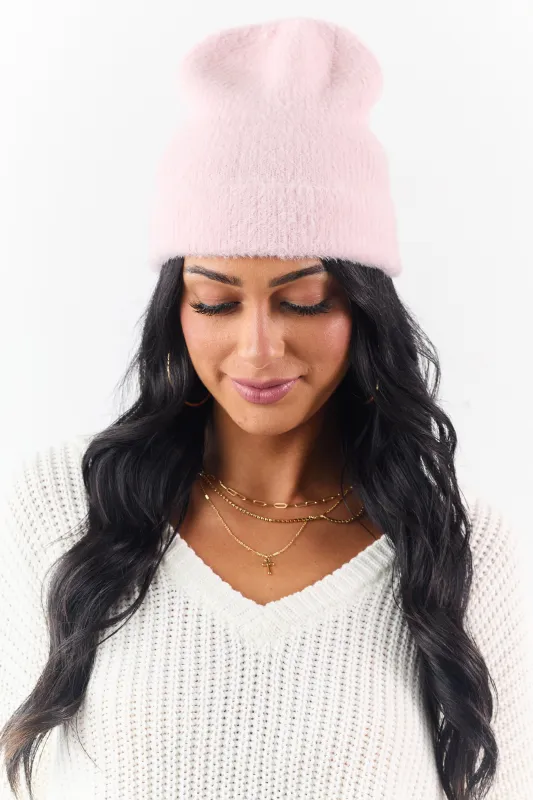 Blush Soft Fuzzy Knit Beanie sold by Lime Lush