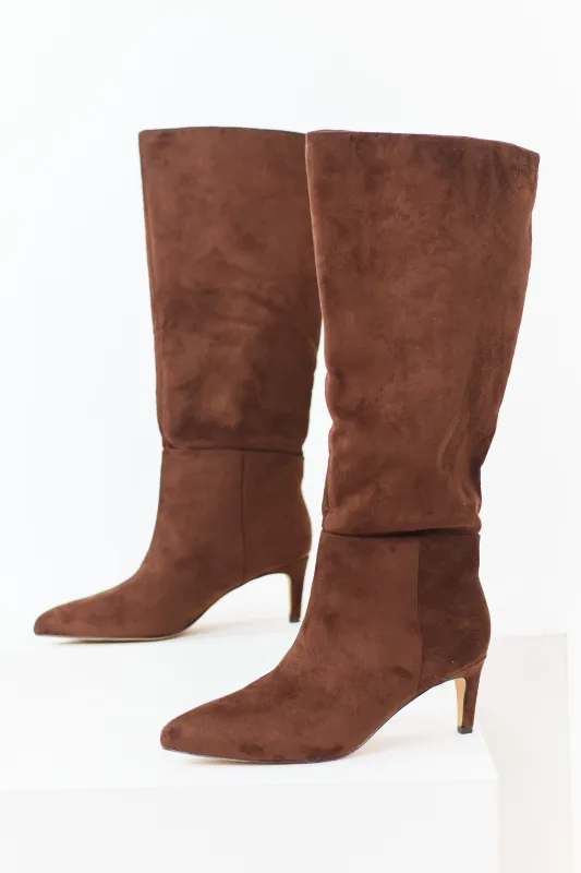 Sepia Faux Suede Pointed Toe Heeled Boots sold by Lime Lush