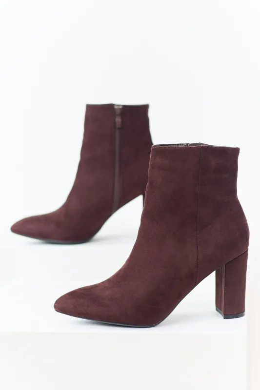 Chocolate Faux Suede Pointed Toe Heeled Booties sold by Lime Lush