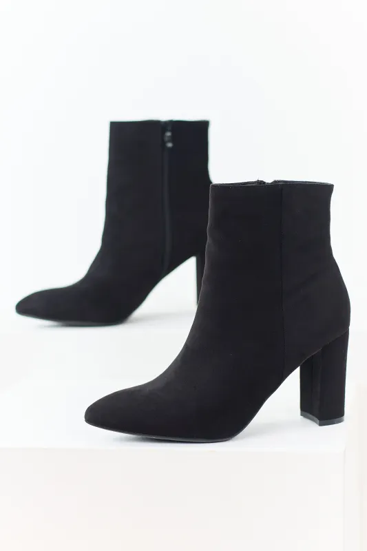 Black Faux Suede Pointed Toe Heeled Booties sold by Lime Lush