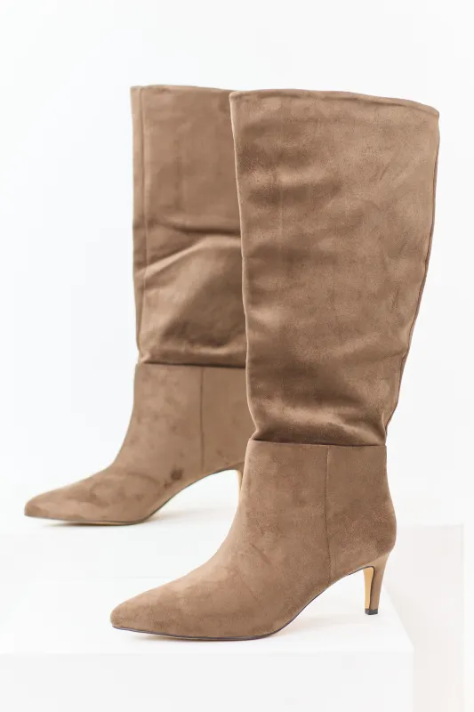 Taupe Faux Suede Pointed Toe Heeled Boots sold by Lime Lush