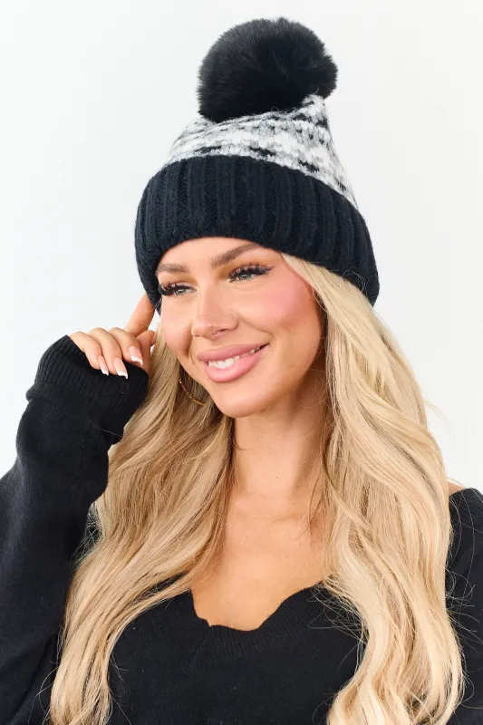 Black and Ivory Fair Isle Pattern Pom Pom Beanie sold by Lime Lush