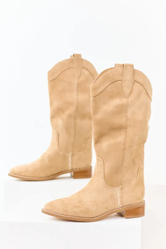 Chinese Laundry Camel Microsuede Western Boots sold by Lime Lush