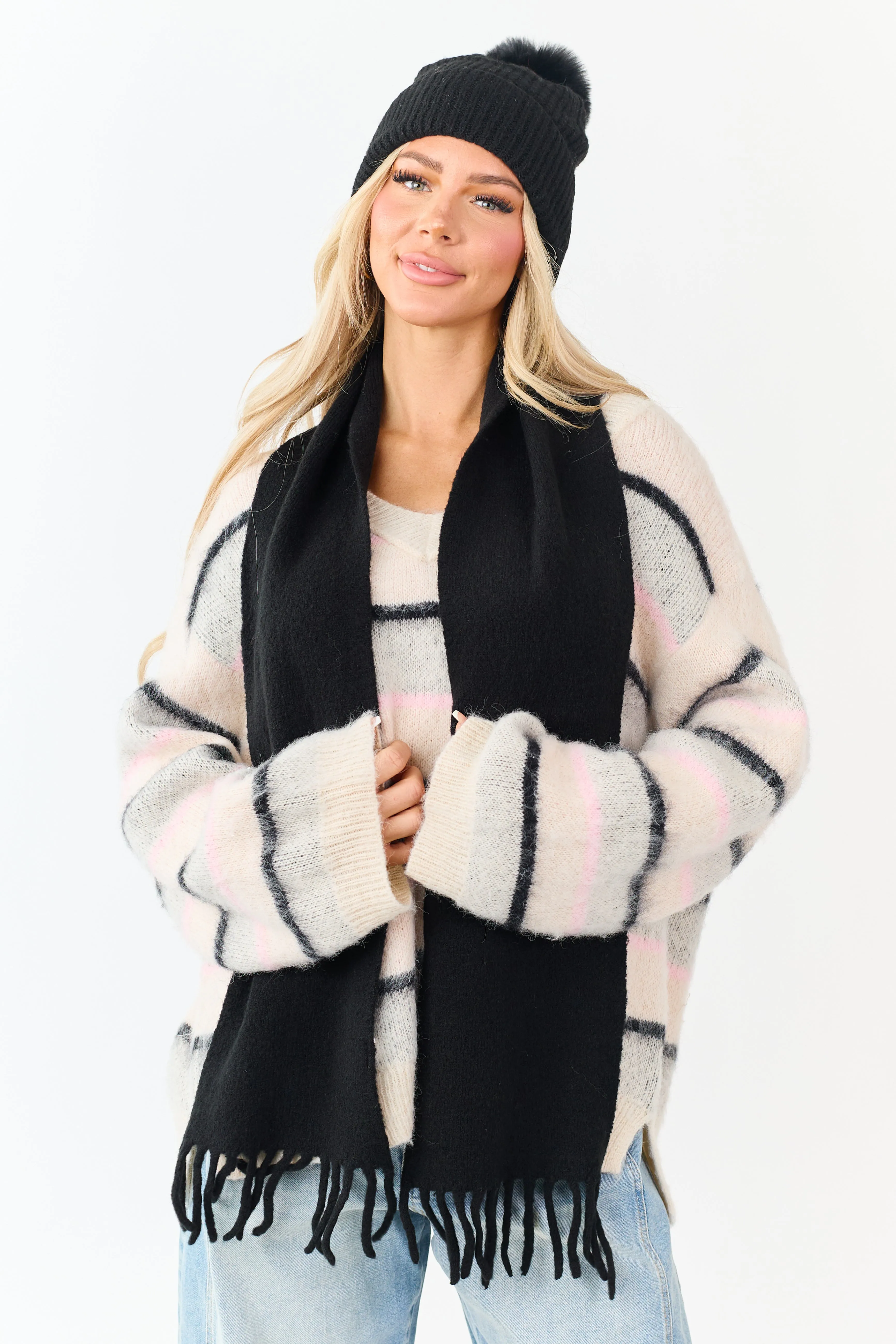 Black Fringe End Soft Knit Scarf sold by Lime Lush product image thumbnail 3