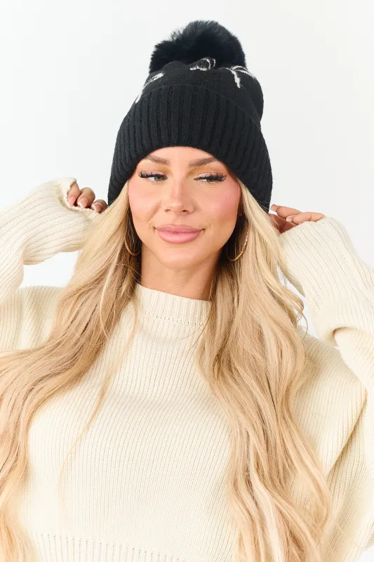Black Bow Print Pom Pom Knit Beanie sold by Lime Lush