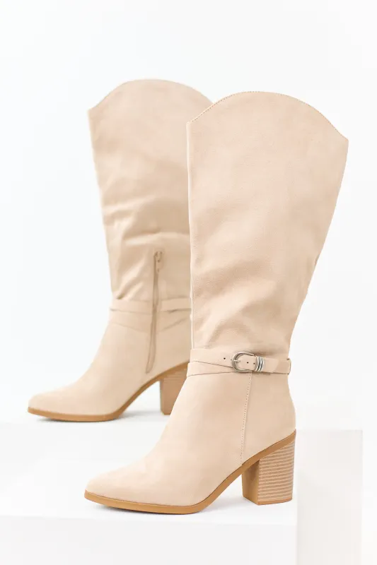 Champagne Faux Suede Ankle Strap Tall Boots sold by Lime Lush
