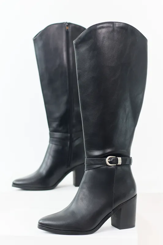 Black Faux Leather Ankle Strap Tall Boots sold by Lime Lush