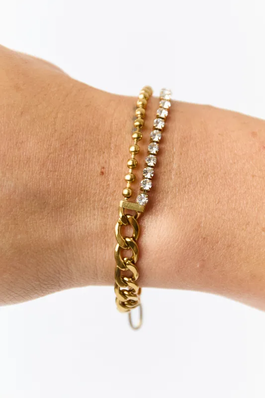 Gold Metallic Chain Link Rhinestone Detail Bracelet sold by Lime Lush