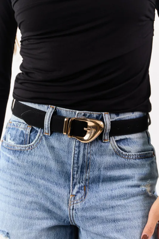Black Soft Leather Ornate Gold Buckle Belt sold by Lime Lush