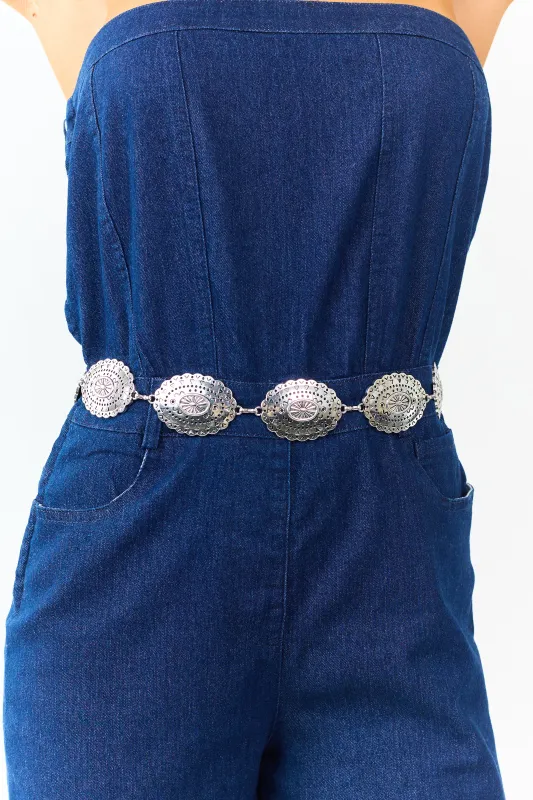 Silver Metallic Concho Disc Chain Belt sold by Lime Lush