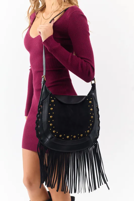 Black Faux Suede Stud Trim Fringe Bag sold by Lime Lush