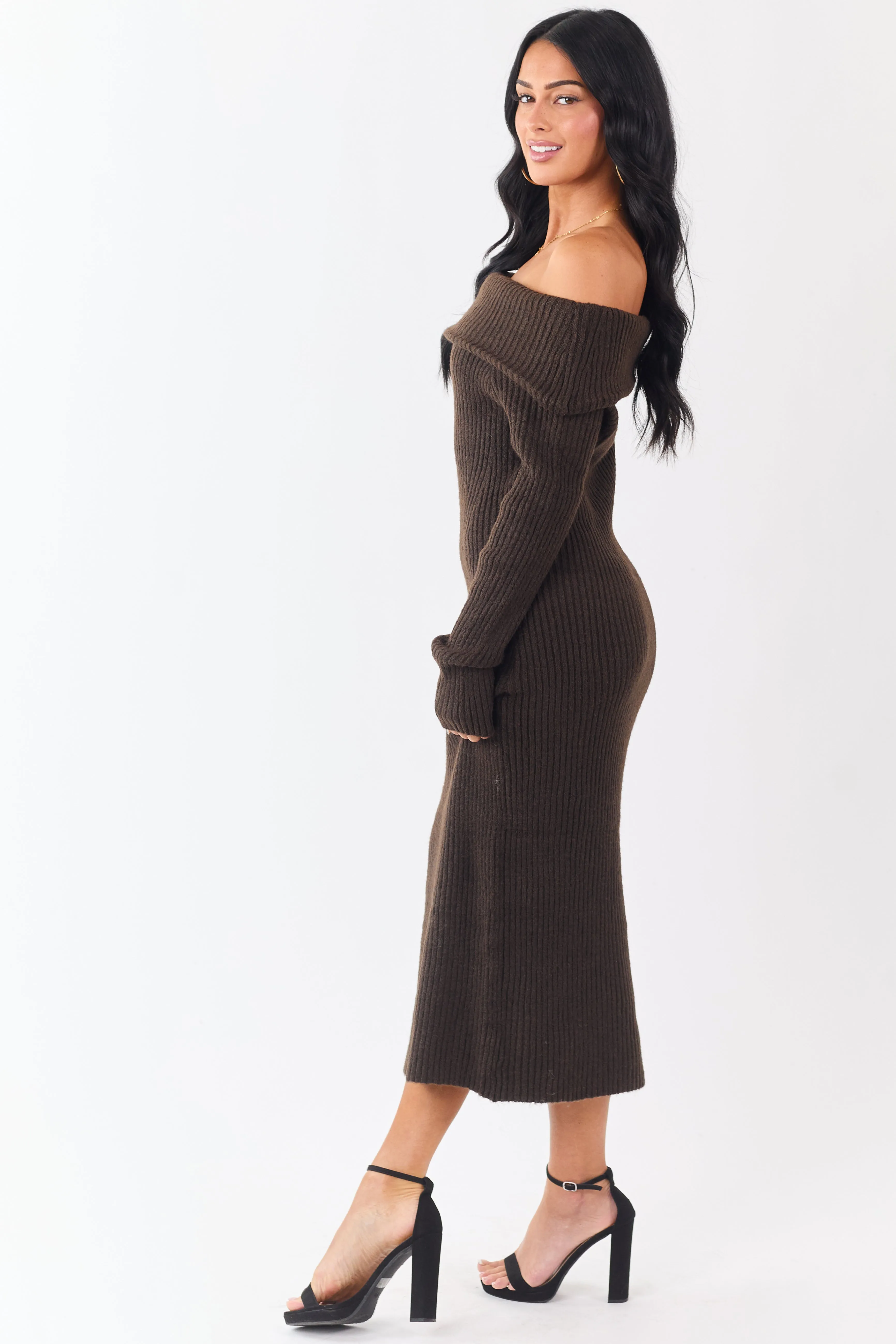 Entro Cocoa Ribbed Knit Off Shoulder Midi Dress sold by Lime Lush product image thumbnail 4