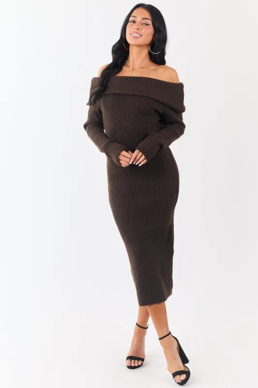 Entro Cocoa Ribbed Knit Off Shoulder Midi Dress sold by Lime Lush