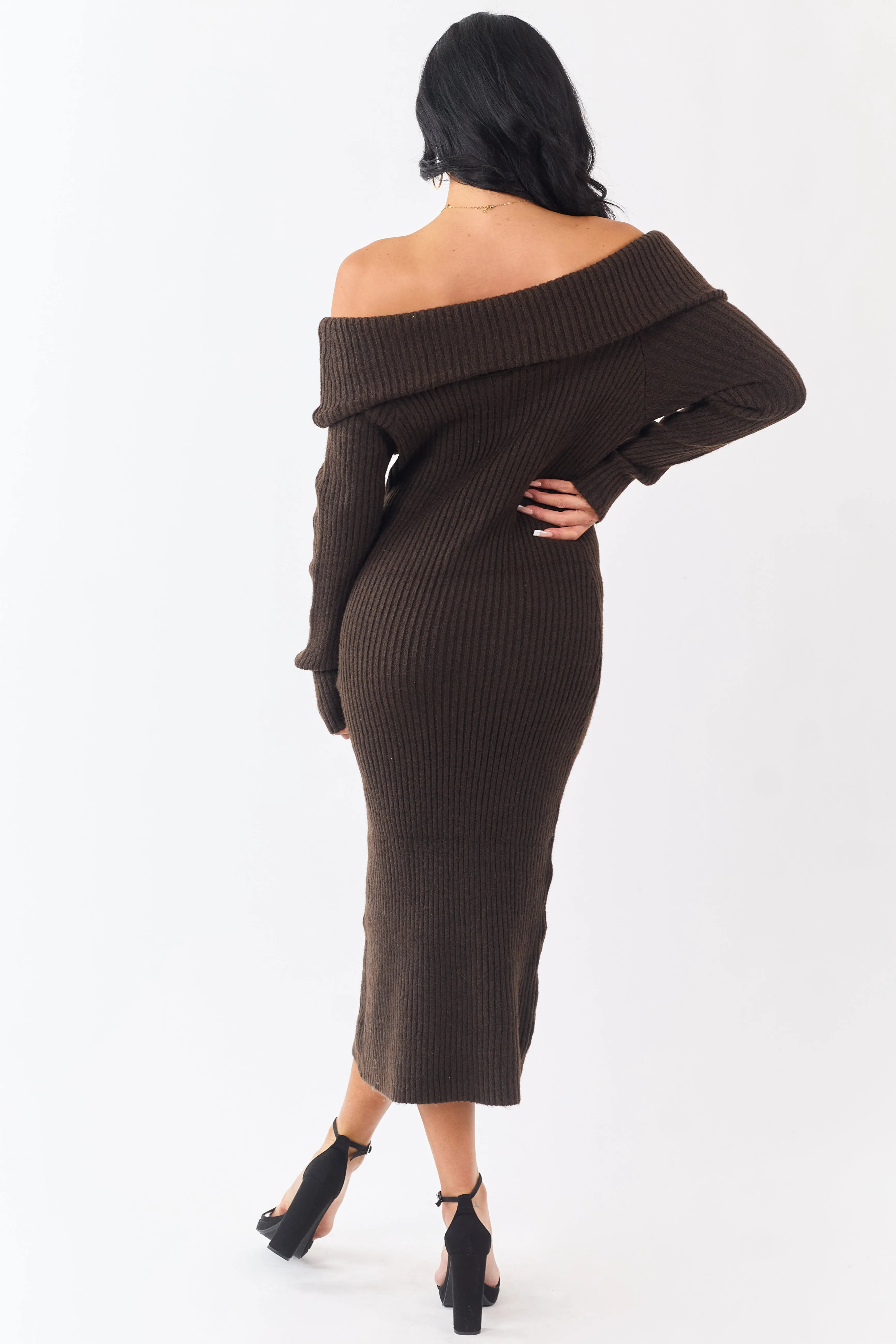 Entro Cocoa Ribbed Knit Off Shoulder Midi Dress sold by Lime Lush product image thumbnail 5