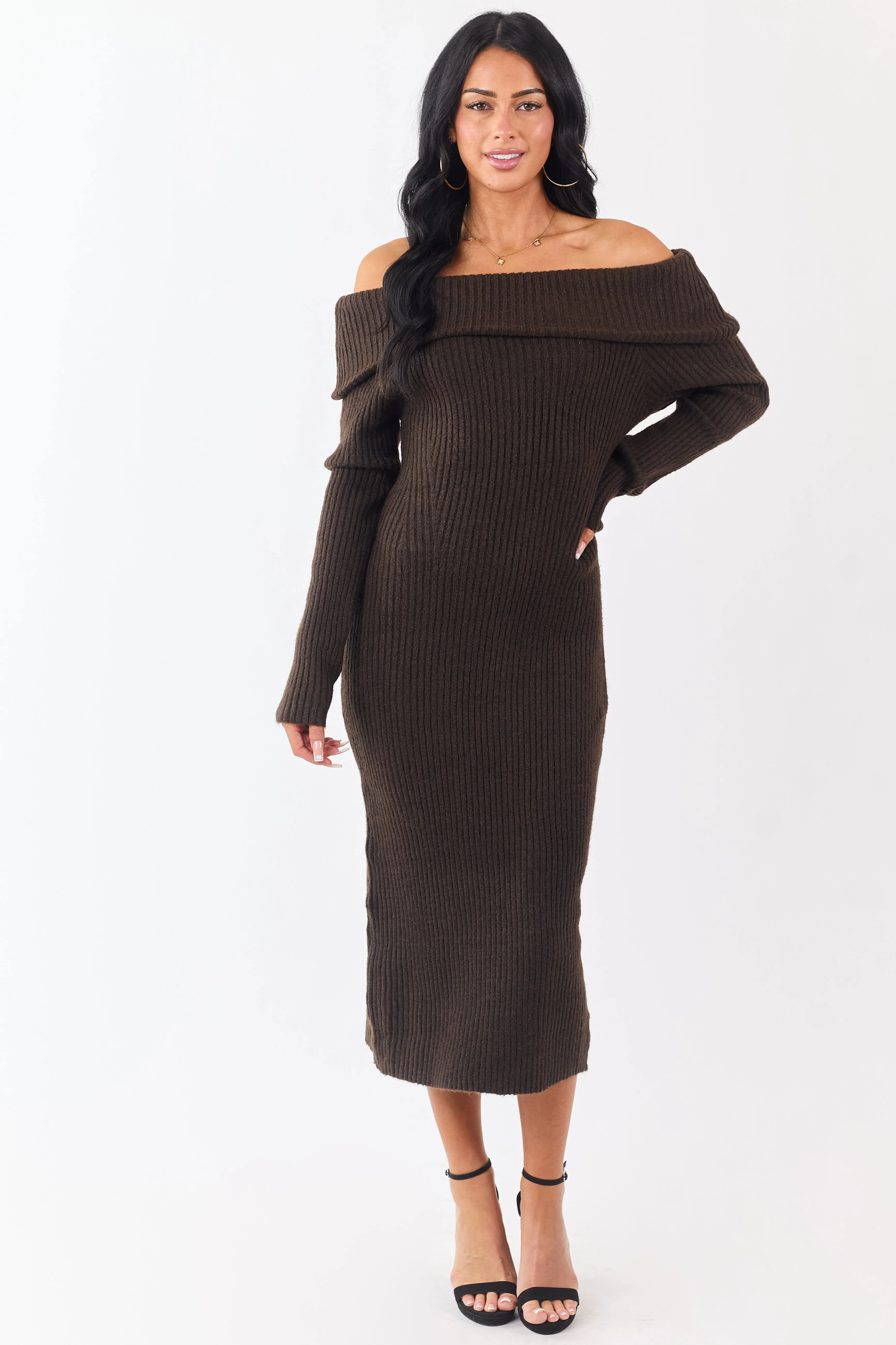 Entro Cocoa Ribbed Knit Off Shoulder Midi Dress sold by Lime Lush product image thumbnail 2
