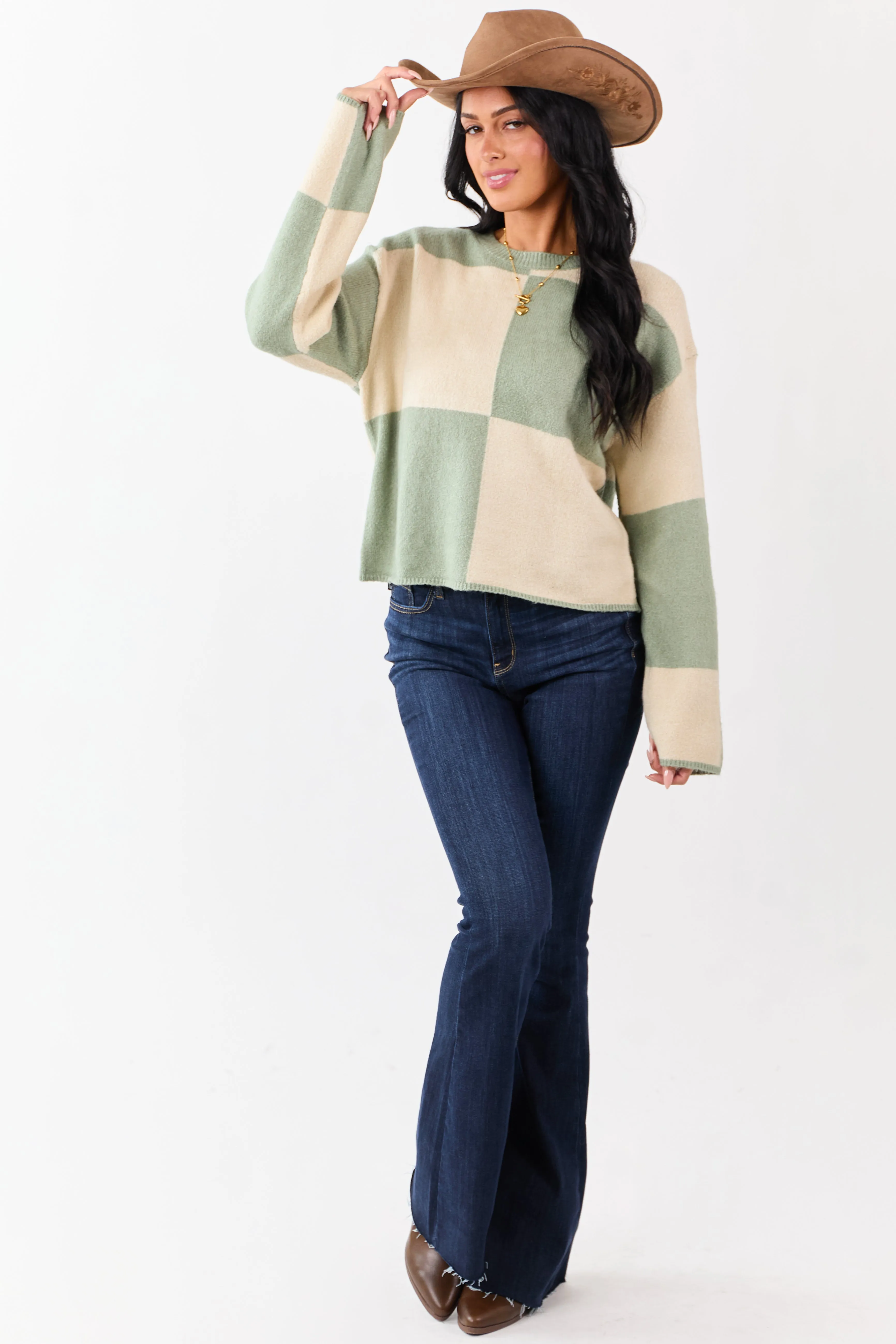 Sage Checkered Crew Neck Long Sleeve Sweater sold by Lime Lush product image thumbnail 3