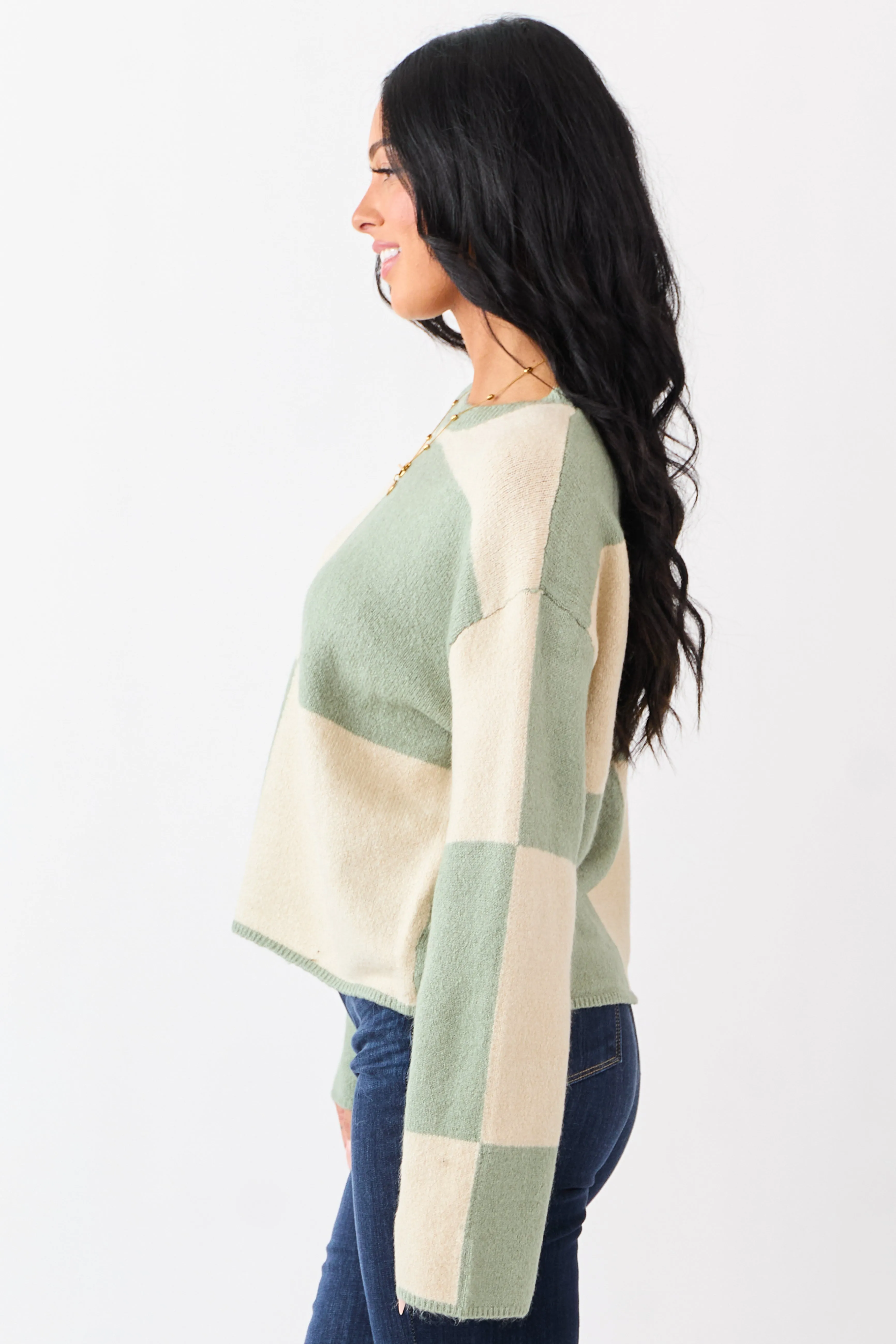 Sage Checkered Crew Neck Long Sleeve Sweater sold by Lime Lush product image thumbnail 4