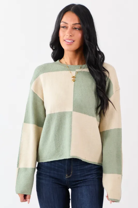 Sage Checkered Crew Neck Long Sleeve Sweater sold by Lime Lush