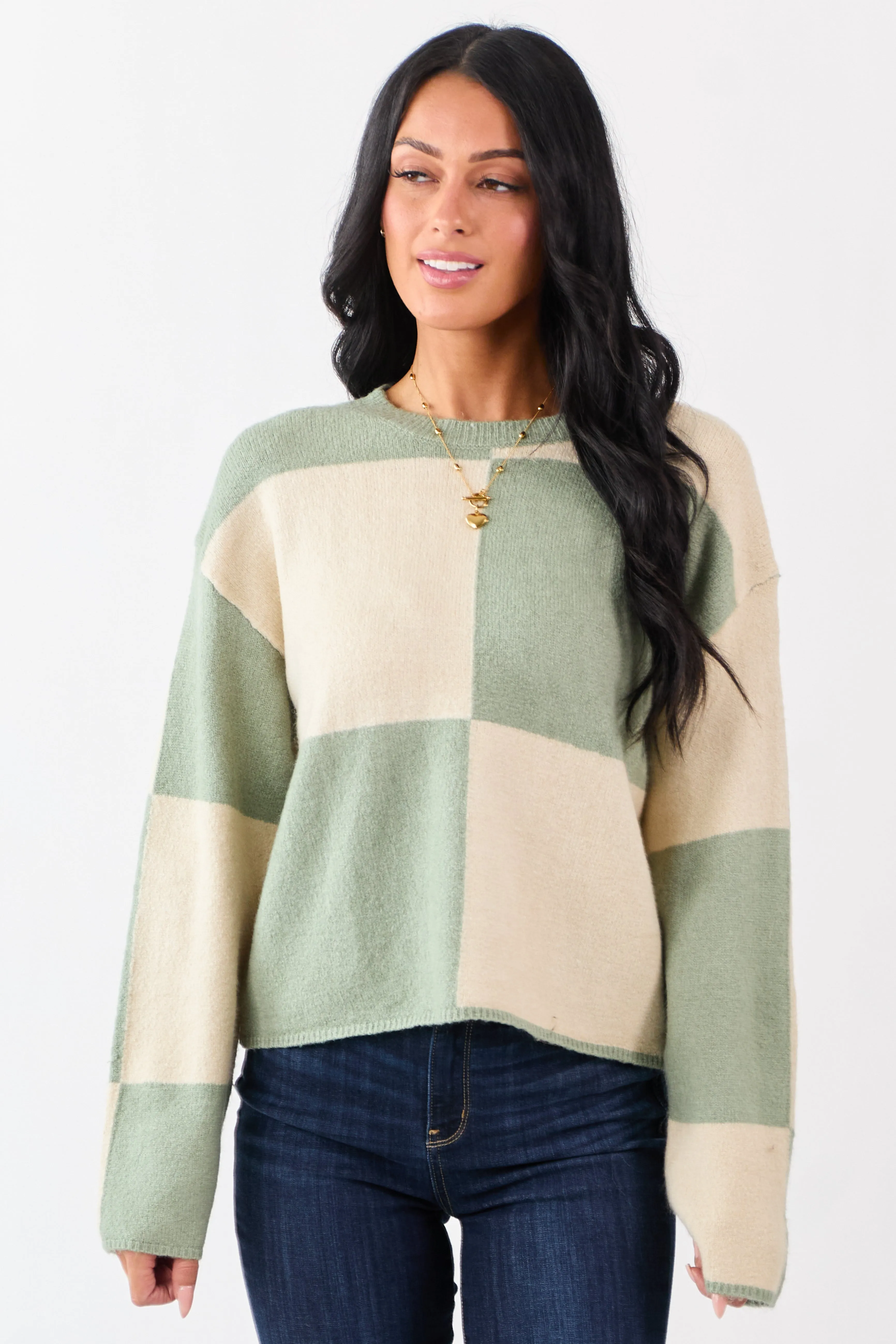 Sage Checkered Crew Neck Long Sleeve Sweater sold by Lime Lush