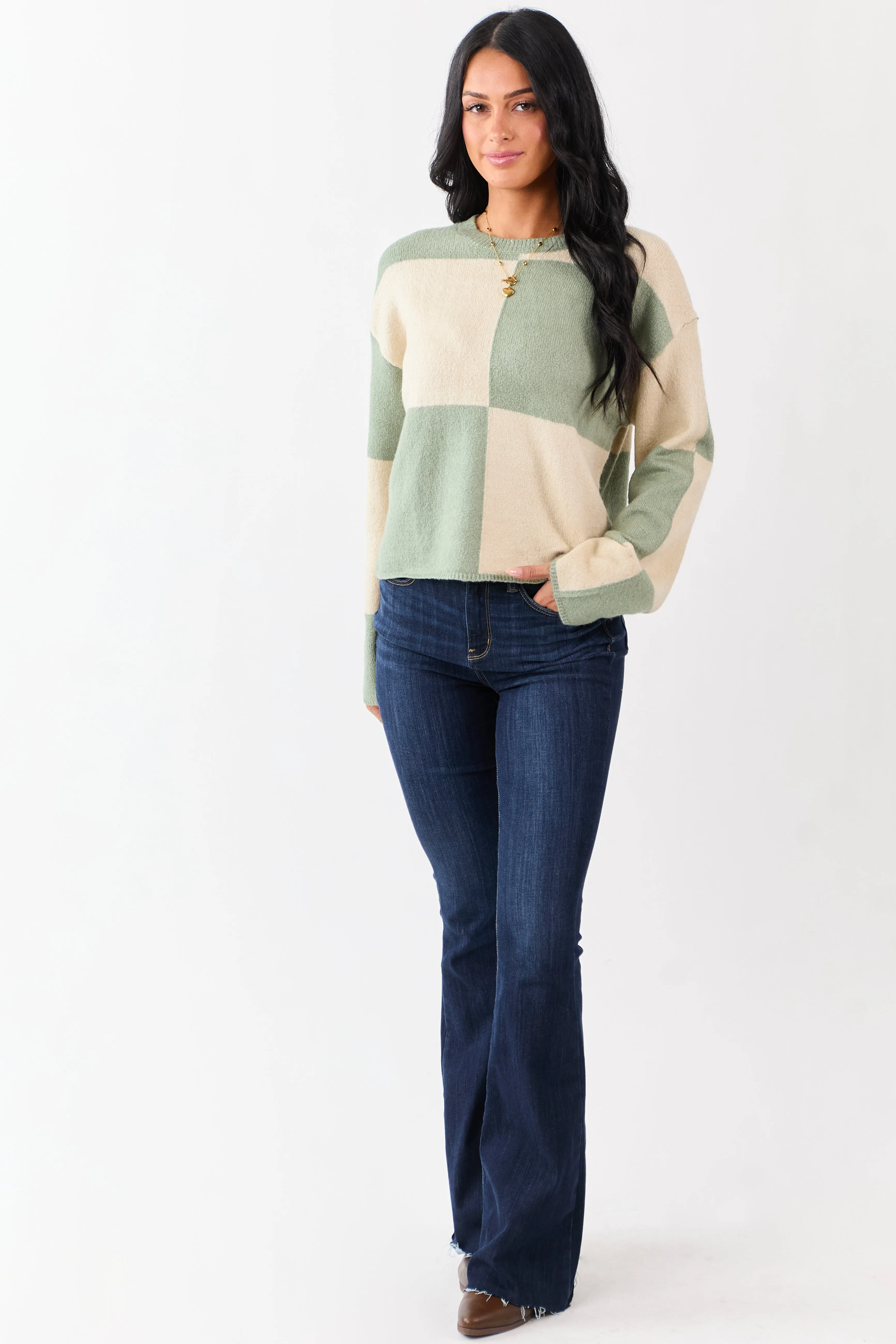 Sage Checkered Crew Neck Long Sleeve Sweater sold by Lime Lush product image thumbnail 2