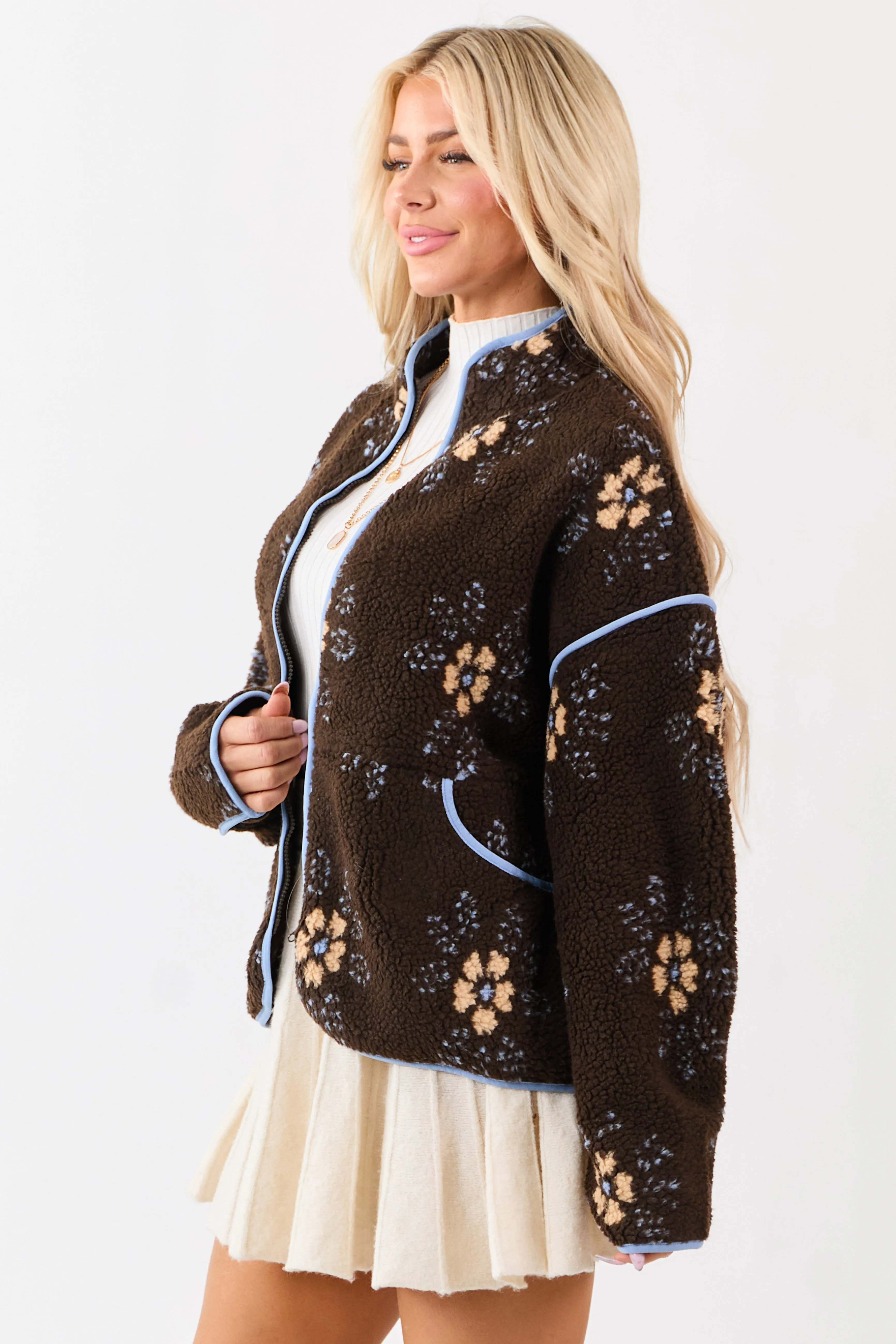 Cocoa Floral Sherpa Contrast Trim Zip Up Jacket sold by Lime Lush product image thumbnail 4