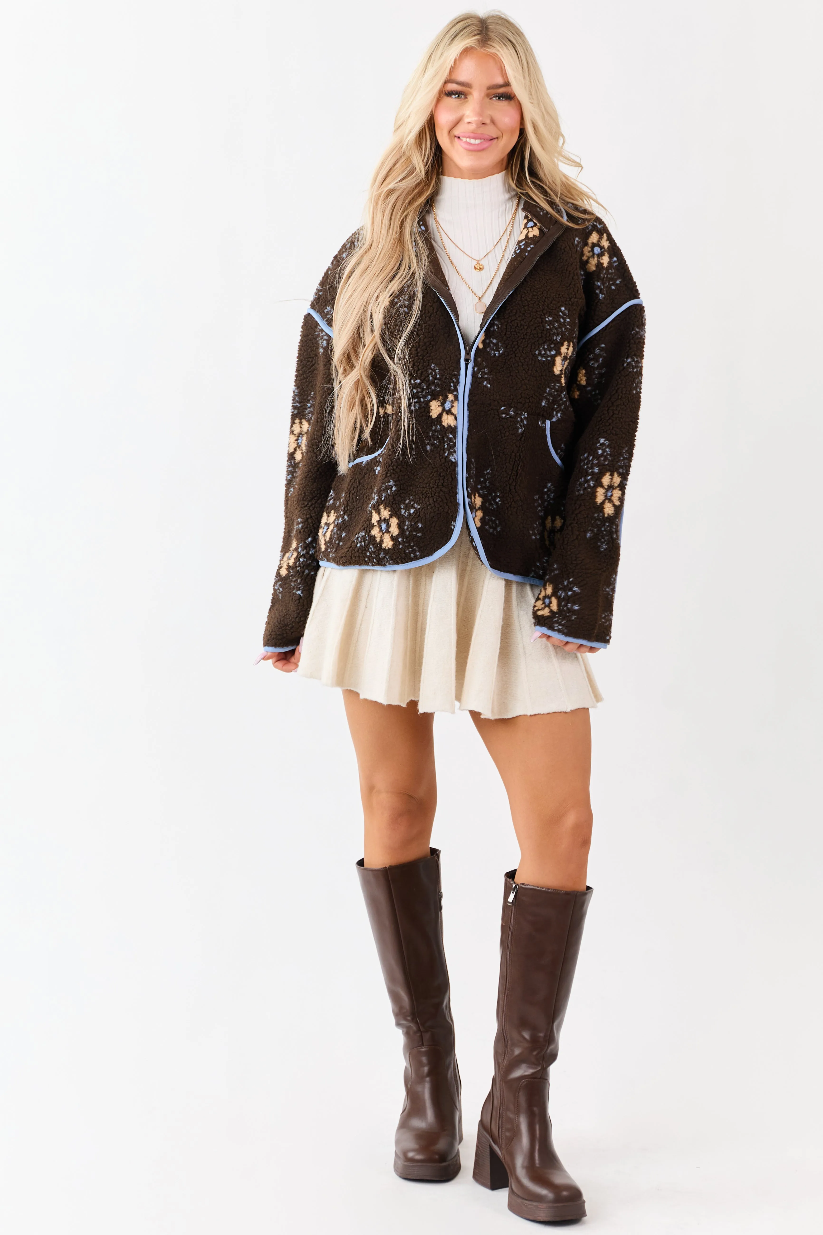 Cocoa Floral Sherpa Contrast Trim Zip Up Jacket sold by Lime Lush product image thumbnail 3