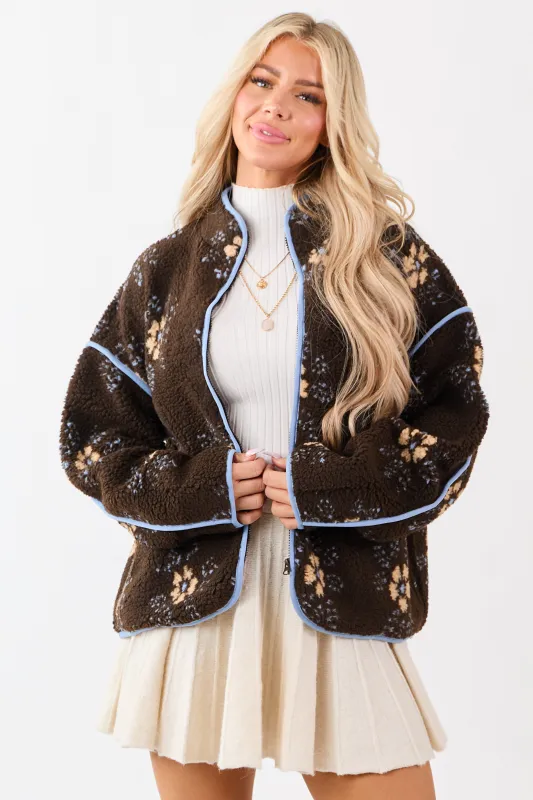 Cocoa Floral Sherpa Contrast Trim Zip Up Jacket sold by Lime Lush