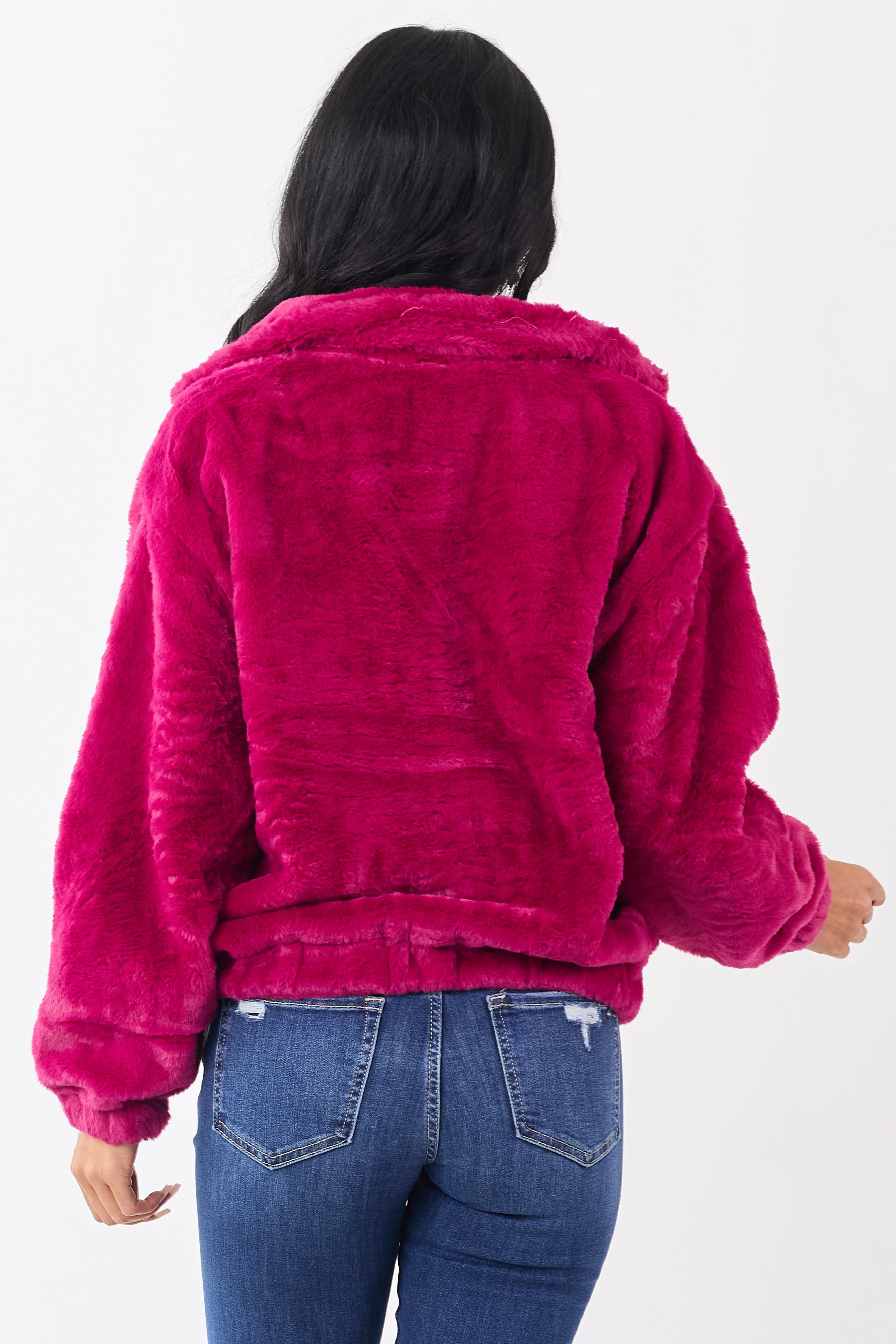 Raspberry Faux Fur Zip Up Collared Jacket sold by Lime Lush product image thumbnail 5