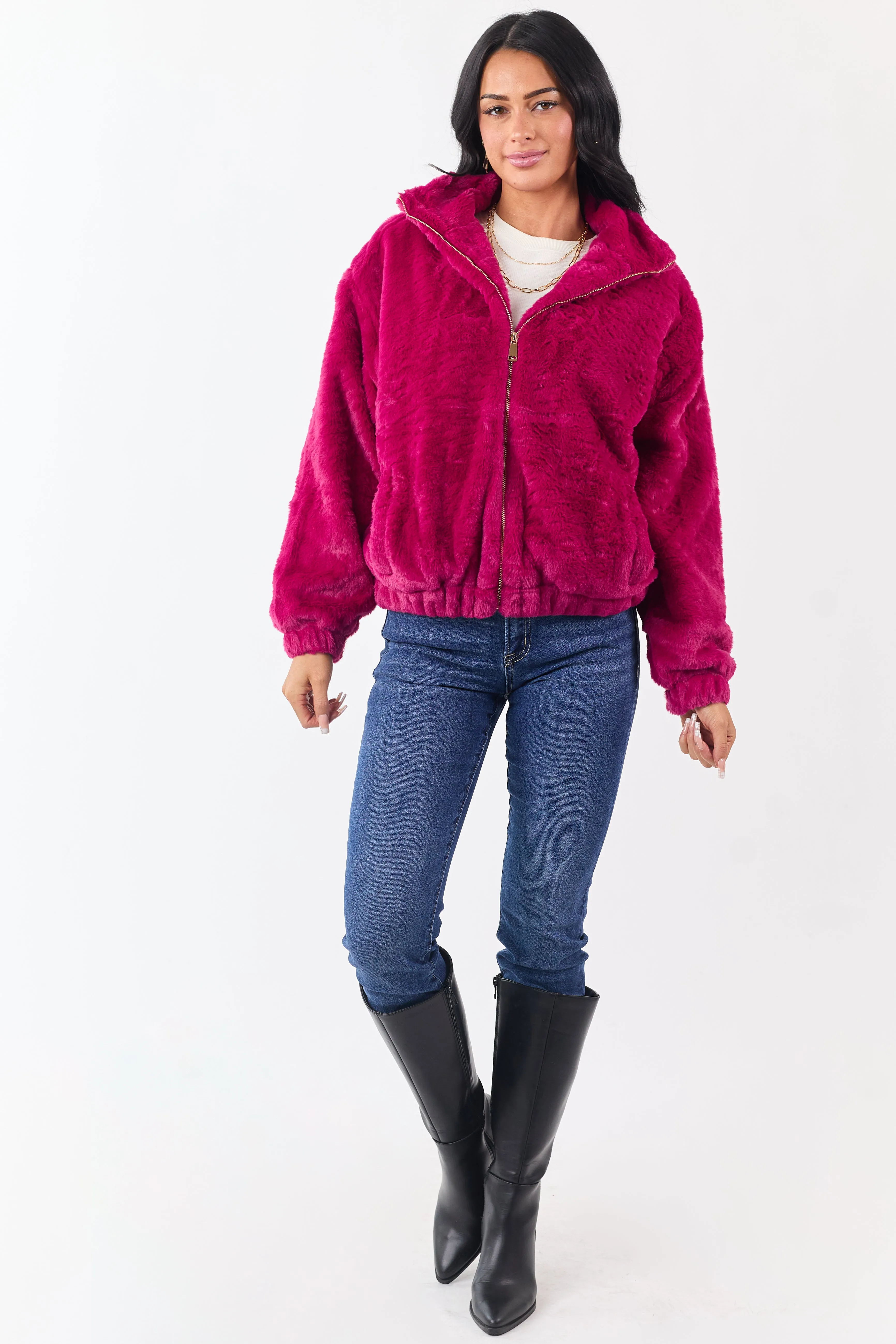 Raspberry Faux Fur Zip Up Collared Jacket sold by Lime Lush product image thumbnail 3