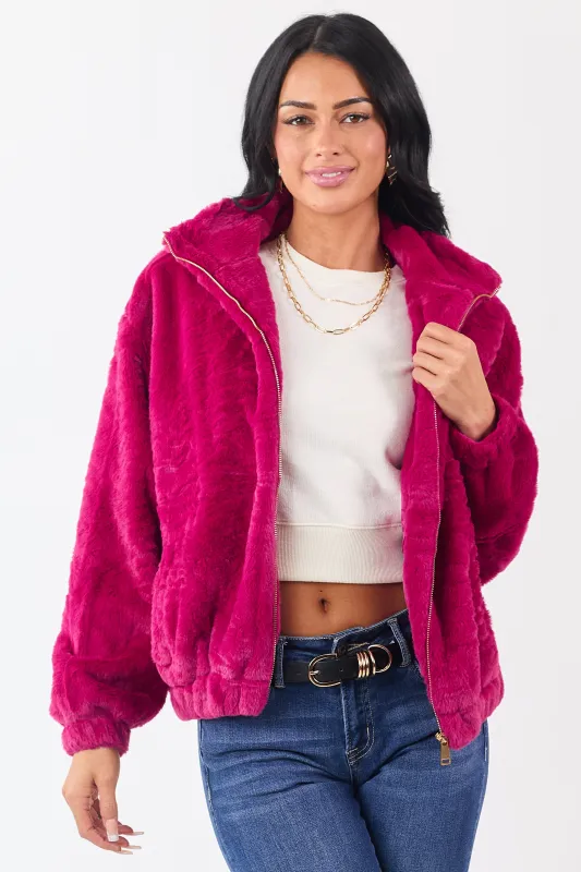 Raspberry Faux Fur Zip Up Collared Jacket sold by Lime Lush