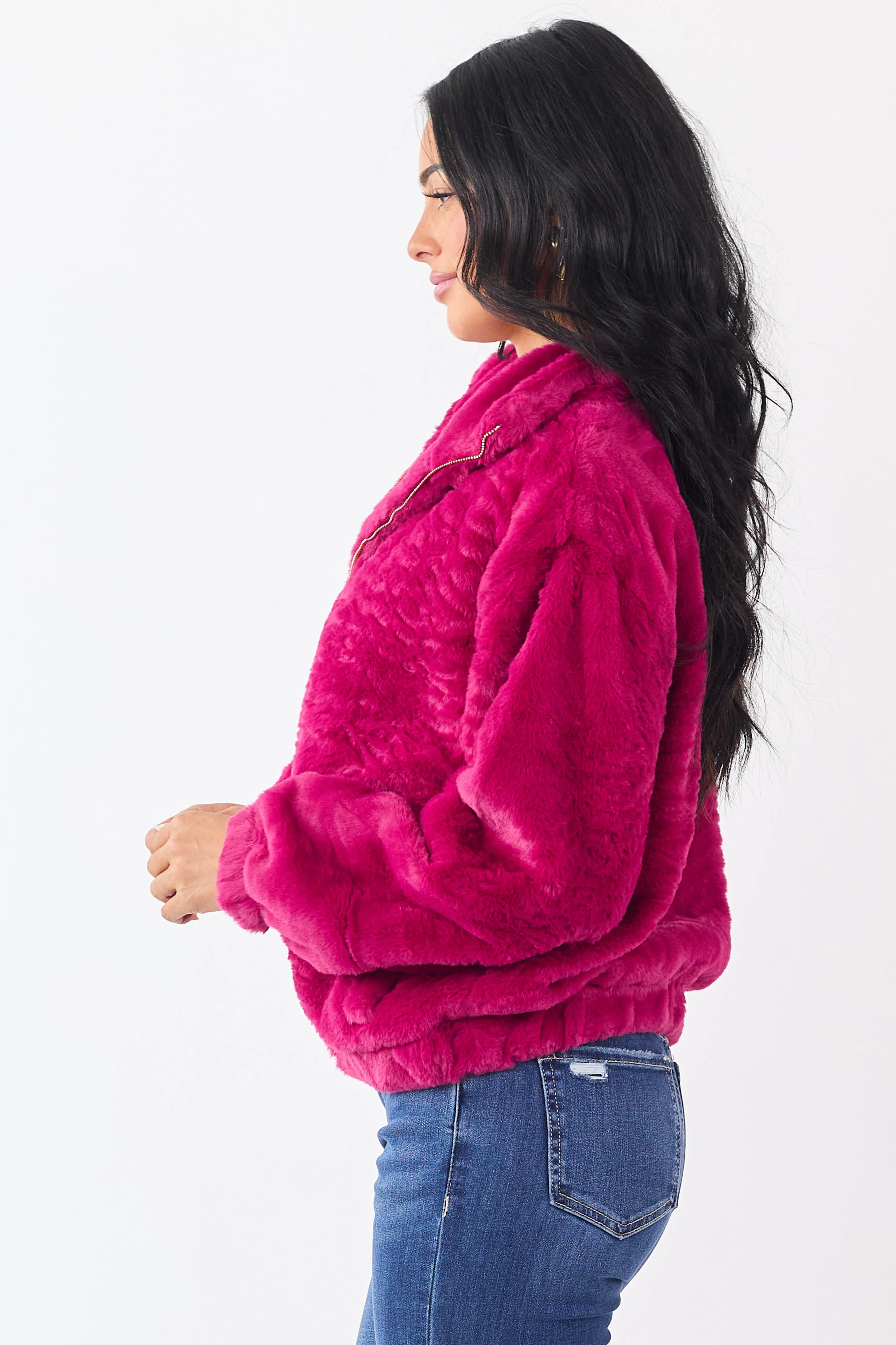 Raspberry Faux Fur Zip Up Collared Jacket sold by Lime Lush product image thumbnail 4