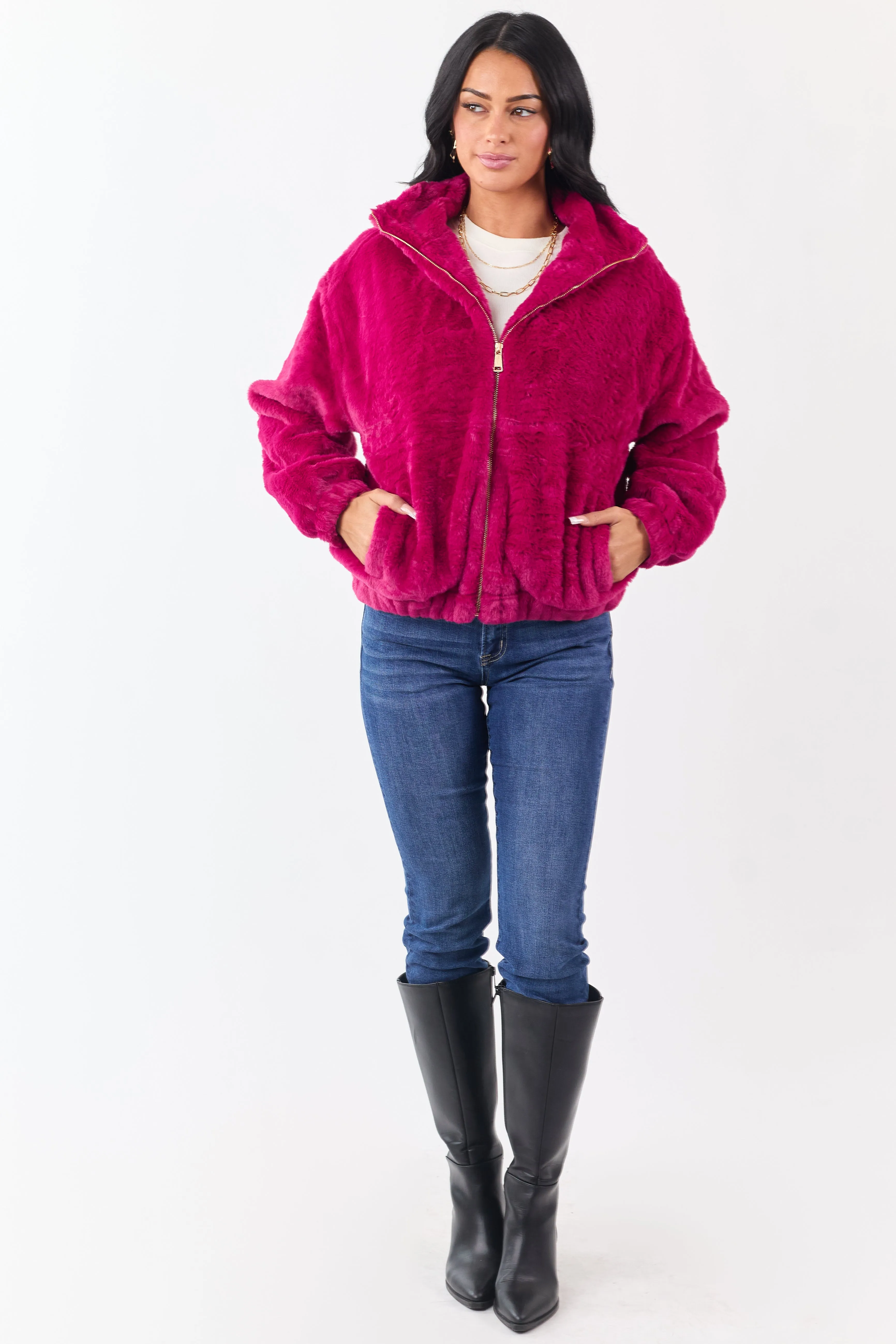 Raspberry Faux Fur Zip Up Collared Jacket sold by Lime Lush product image thumbnail 2