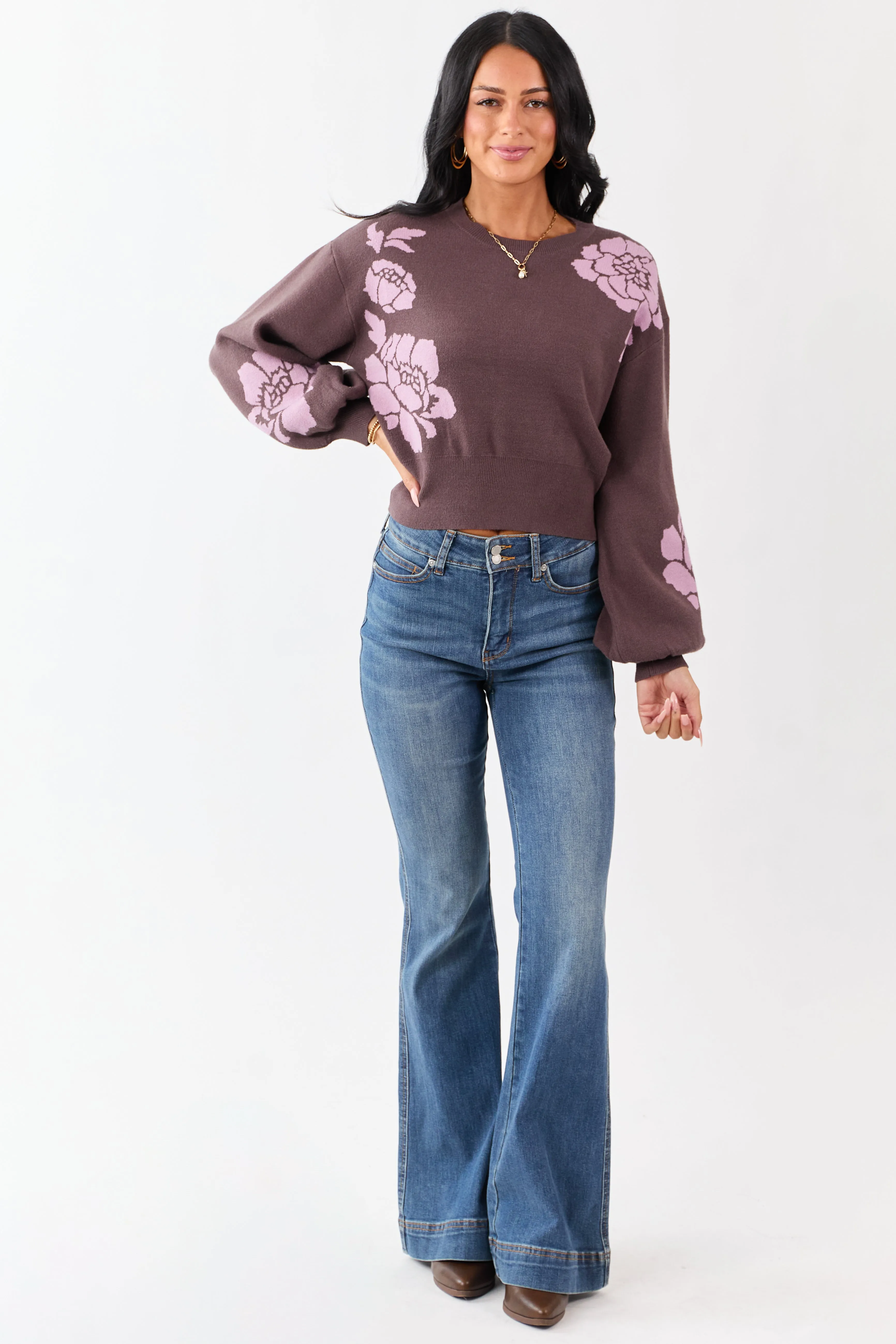 She+Sky Walnut Floral Print Crew Neck Sweater sold by Lime Lush product image thumbnail 3