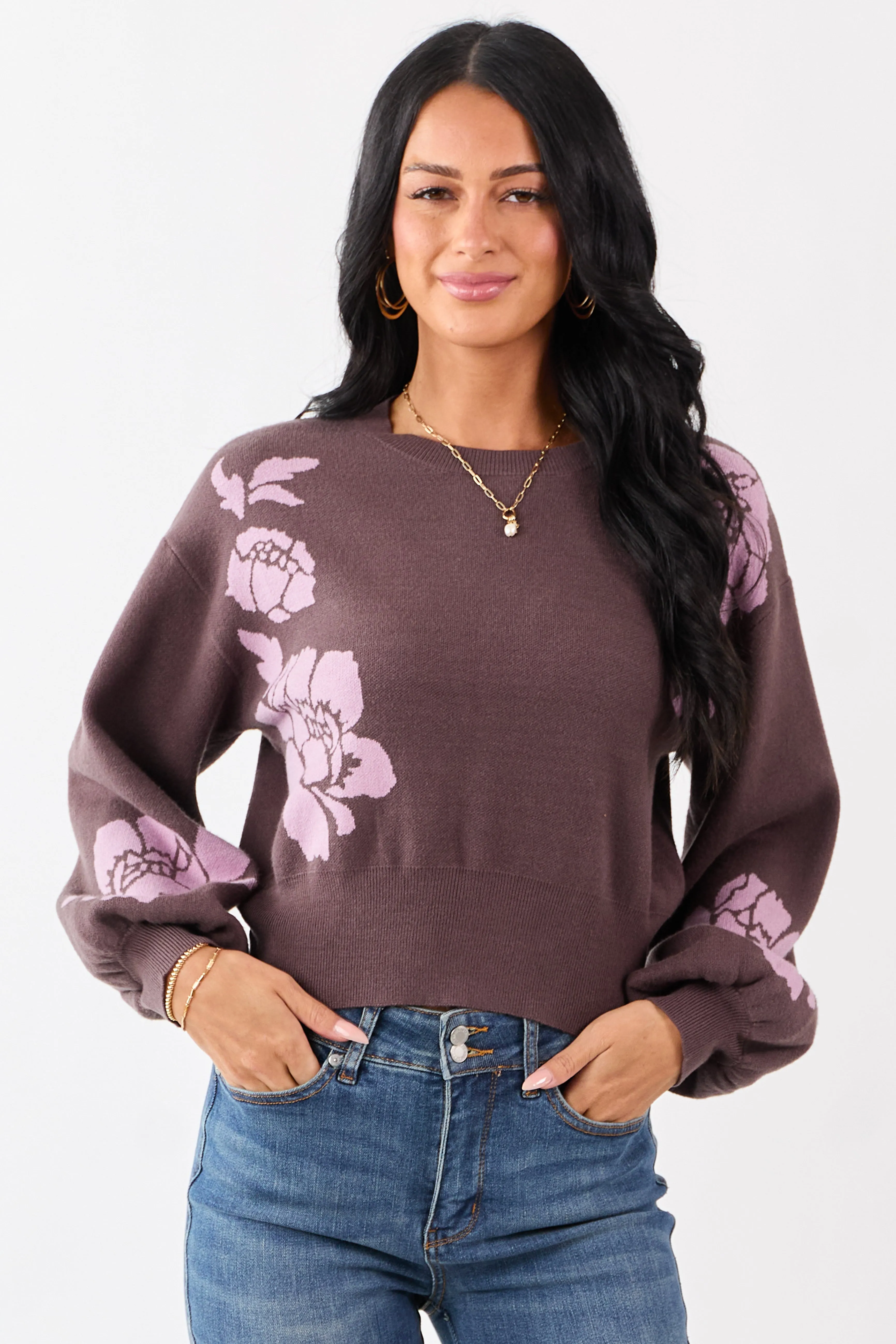She+Sky Walnut Floral Print Crew Neck Sweater sold by Lime Lush