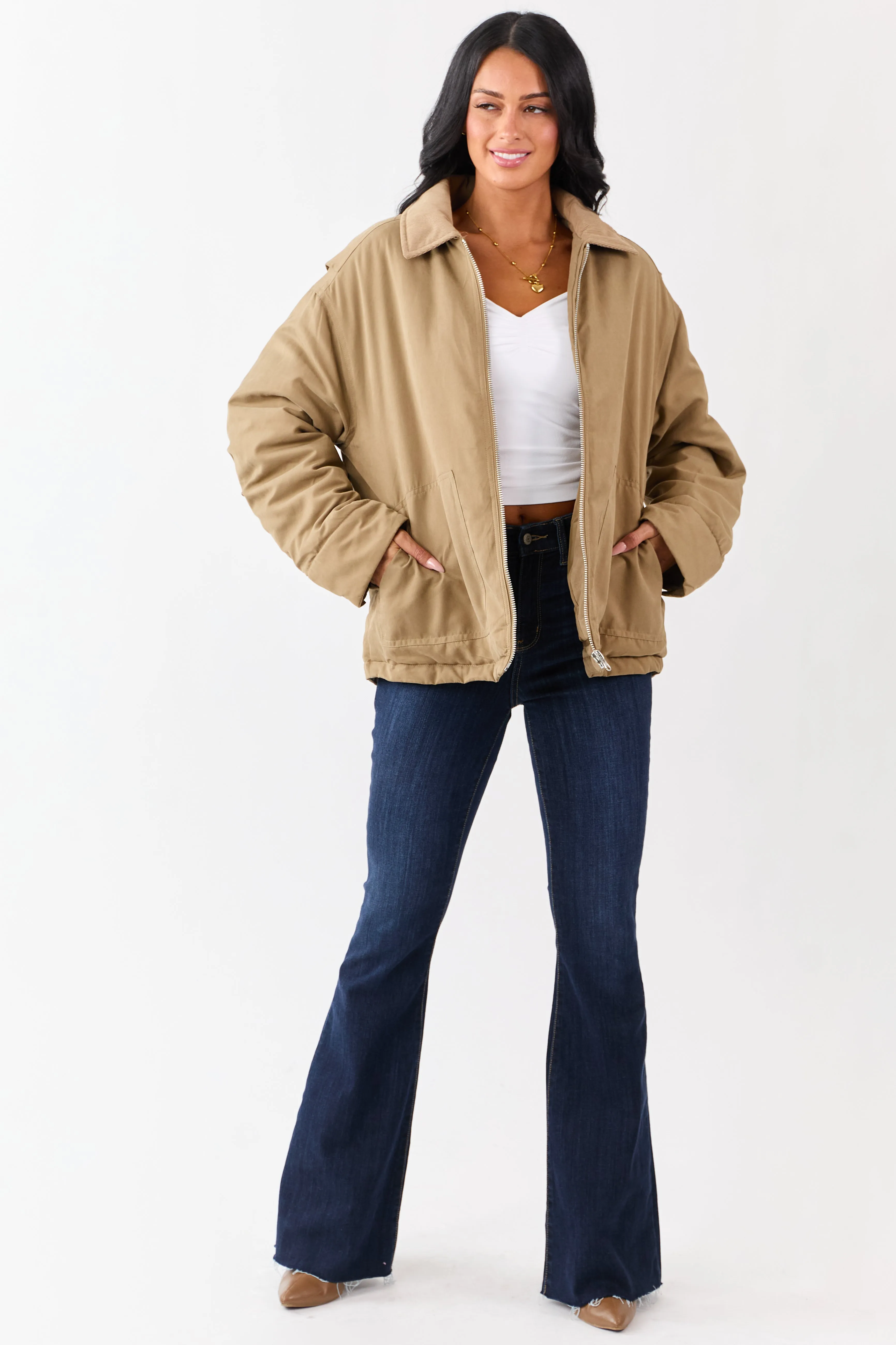 Peanut Corduroy Collar Zip Up Puffer Jacket sold by Lime Lush product image thumbnail 2
