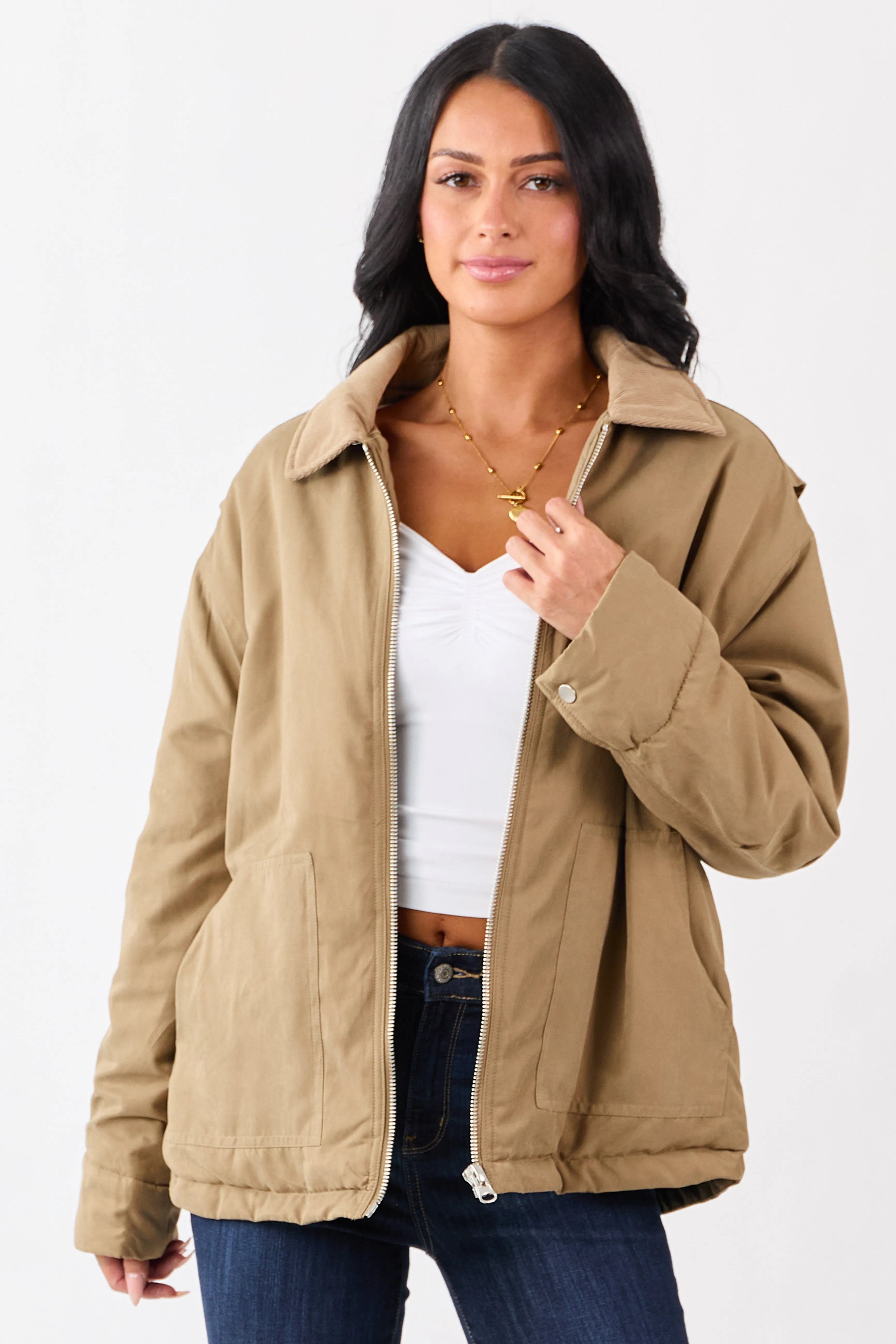 Peanut Corduroy Collar Zip Up Puffer Jacket sold by Lime Lush