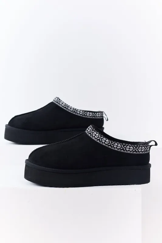 Black Faux Suede Fur Lined Platform Slippers sold by Lime Lush