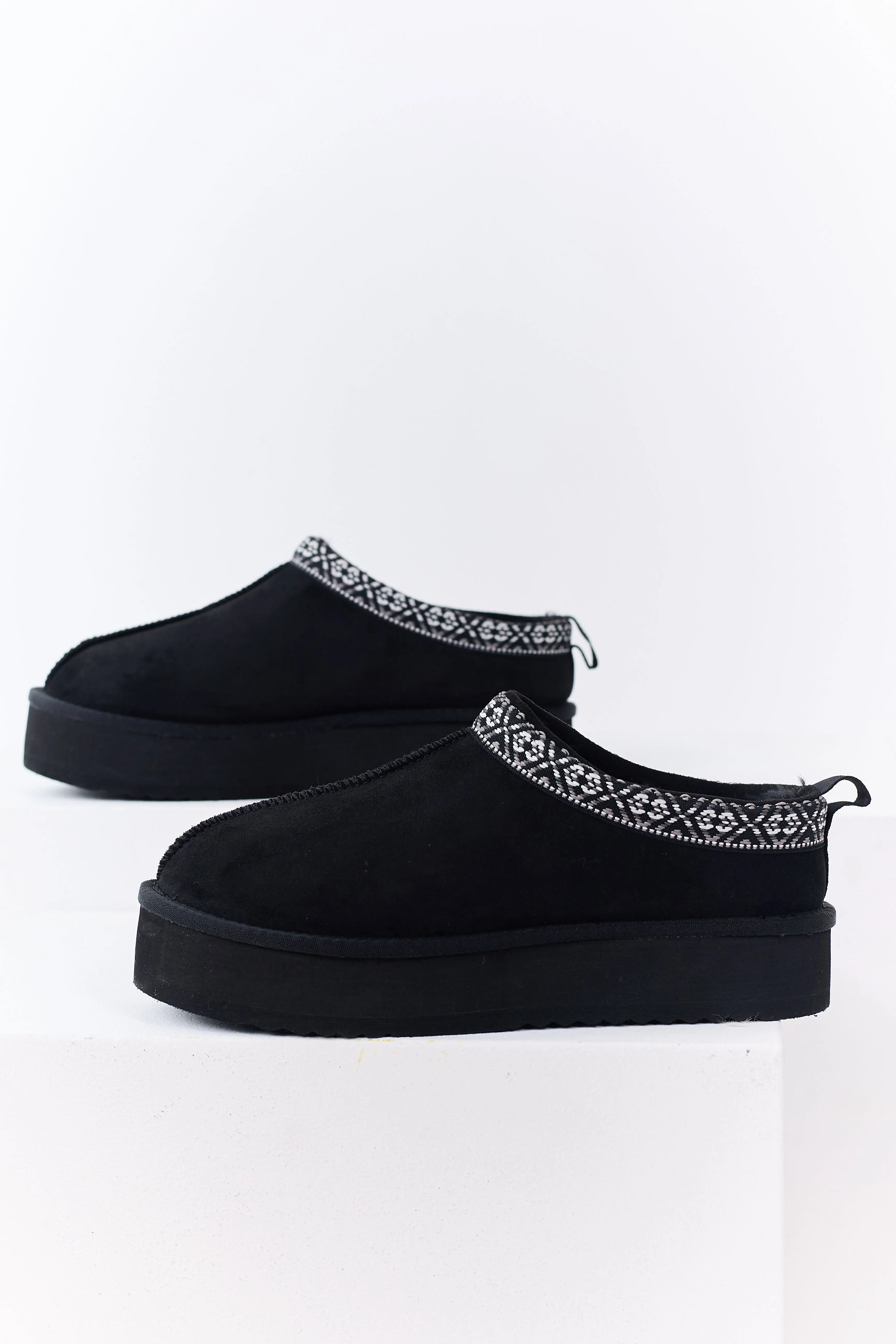 Black Faux Suede Fur Lined Platform Slippers sold by Lime Lush