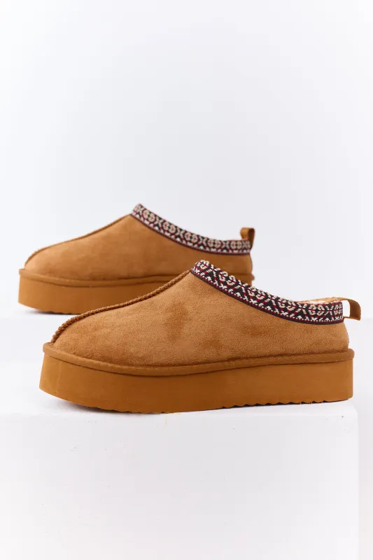 Caramel Faux Suede Fur Lined Platform Slippers sold by Lime Lush