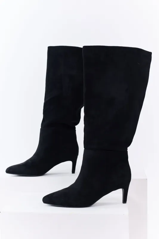 Black Faux Suede Pointed Toe Heeled Tall Boots sold by Lime Lush
