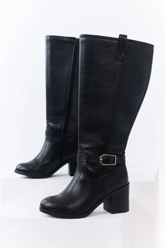 Black Faux Leather Gold Buckle Ankle Strap Boots sold by Lime Lush