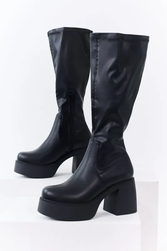 Black Block Heel Faux Leather Platform Boots sold by Lime Lush