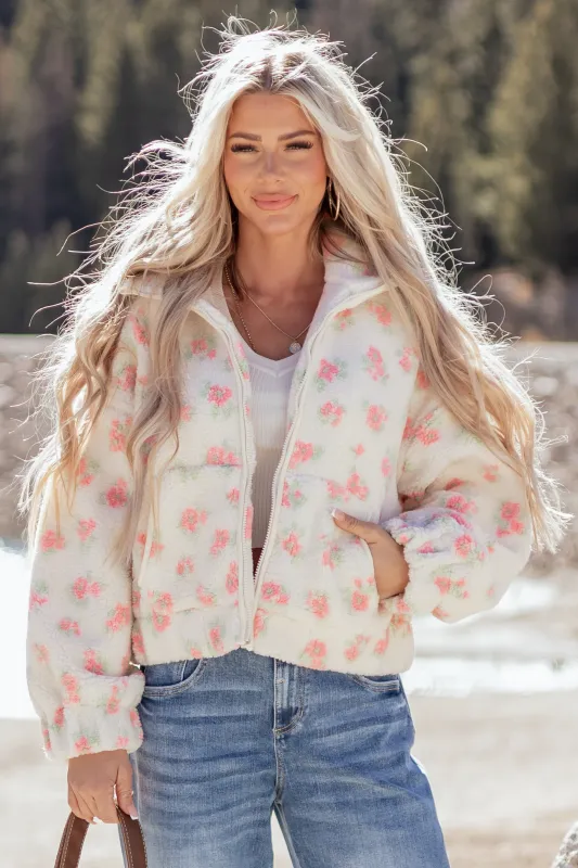 Vanilla Floral Pattern Zip Up Sherpa Jacket sold by Lime Lush